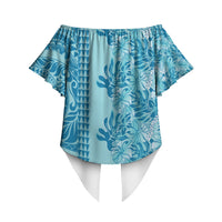 Cyan Hibiscus Monstera Seamless Kakau Hawaii Off Shoulder Wrap Waist Top LT14 - Polynesian Pride