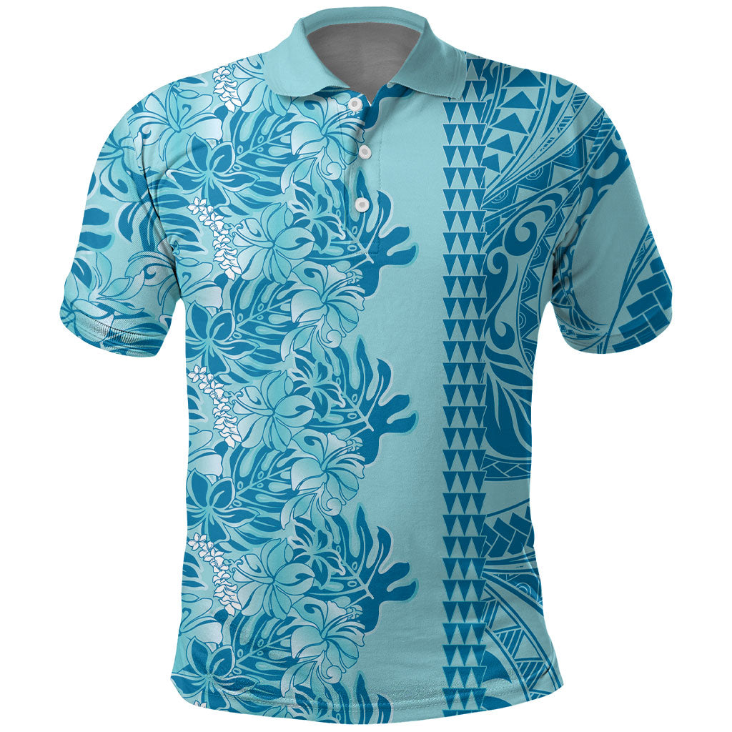 Cyan Hibiscus Monstera Seamless Kakau Hawaii Polo Shirt LT14 Cyan - Polynesian Pride
