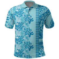 Cyan Hibiscus Monstera Seamless Kakau Hawaii Polo Shirt LT14 Cyan - Polynesian Pride