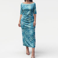 Cyan Hibiscus Monstera Seamless Kakau Hawaii Puletasi LT14 Long Dress Cyan - Polynesian Pride