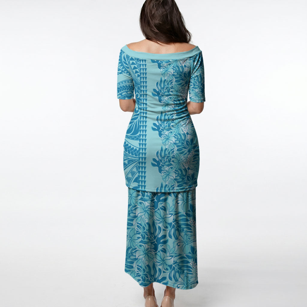 Cyan Hibiscus Monstera Seamless Kakau Hawaii Puletasi LT14 - Polynesian Pride