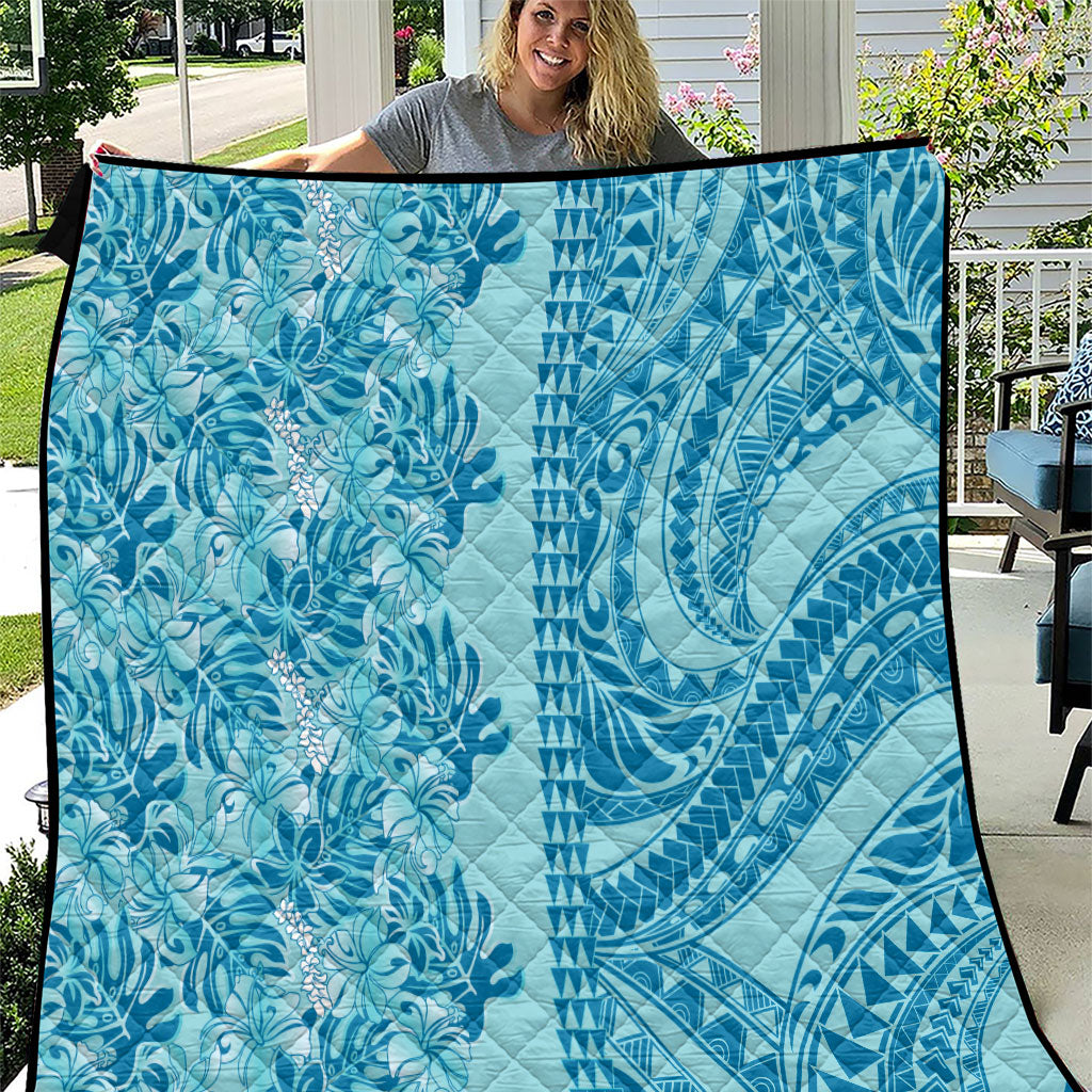 Cyan Hibiscus Monstera Seamless Kakau Hawaii Quilt LT14 Cyan - Polynesian Pride