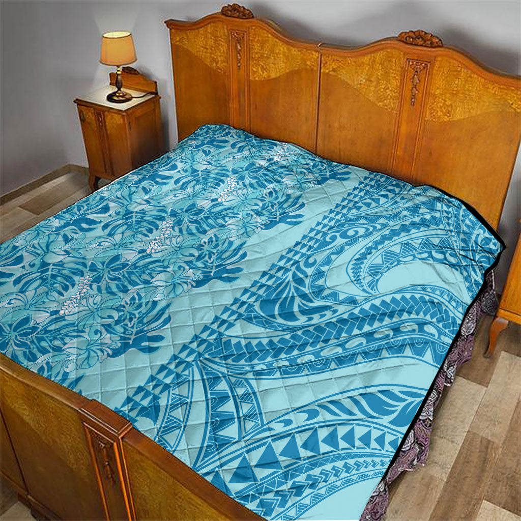 Cyan Hibiscus Monstera Seamless Kakau Hawaii Quilt LT14 - Polynesian Pride