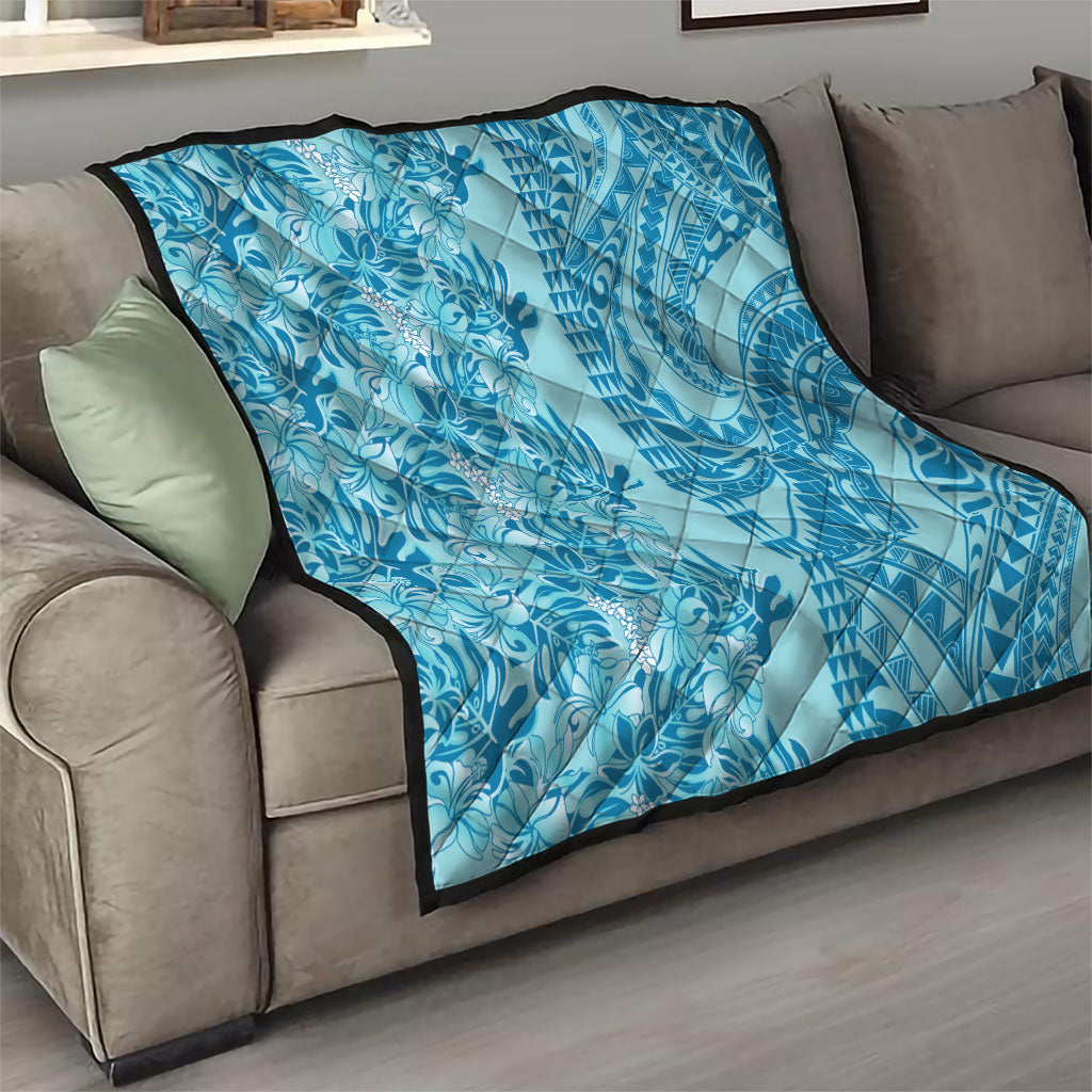 Cyan Hibiscus Monstera Seamless Kakau Hawaii Quilt LT14 - Polynesian Pride