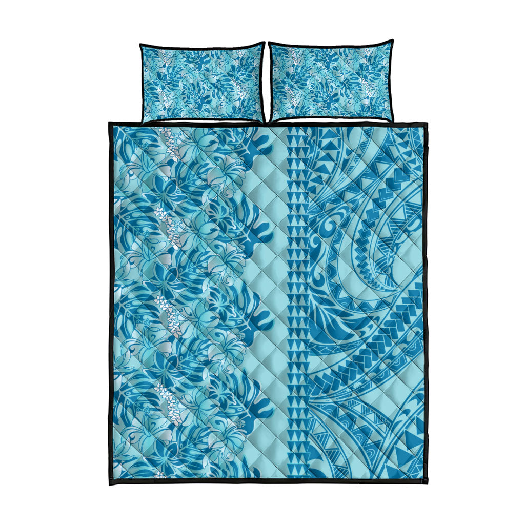 Cyan Hibiscus Monstera Seamless Kakau Hawaii Quilt Bed Set LT14 - Polynesian Pride