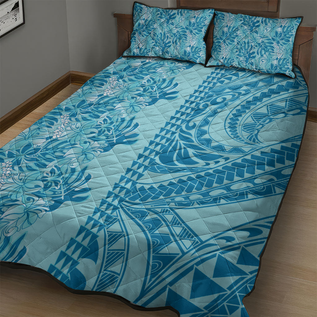 Cyan Hibiscus Monstera Seamless Kakau Hawaii Quilt Bed Set LT14 - Polynesian Pride