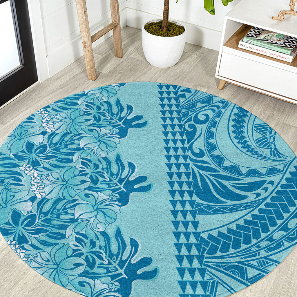 Cyan Hibiscus Monstera Seamless Kakau Hawaii Round Carpet LT14 Cyan - Polynesian Pride