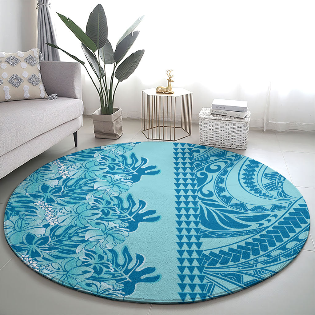 Cyan Hibiscus Monstera Seamless Kakau Hawaii Round Carpet LT14 - Polynesian Pride