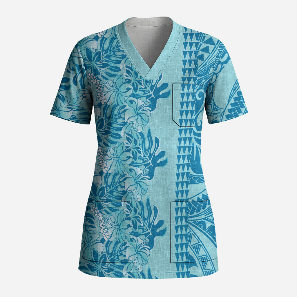Cyan Hibiscus Monstera Seamless Kakau Hawaii Scrub Top LT14 Adult Cyan - Polynesian Pride