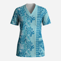 Cyan Hibiscus Monstera Seamless Kakau Hawaii Scrub Top LT14 Adult Cyan - Polynesian Pride