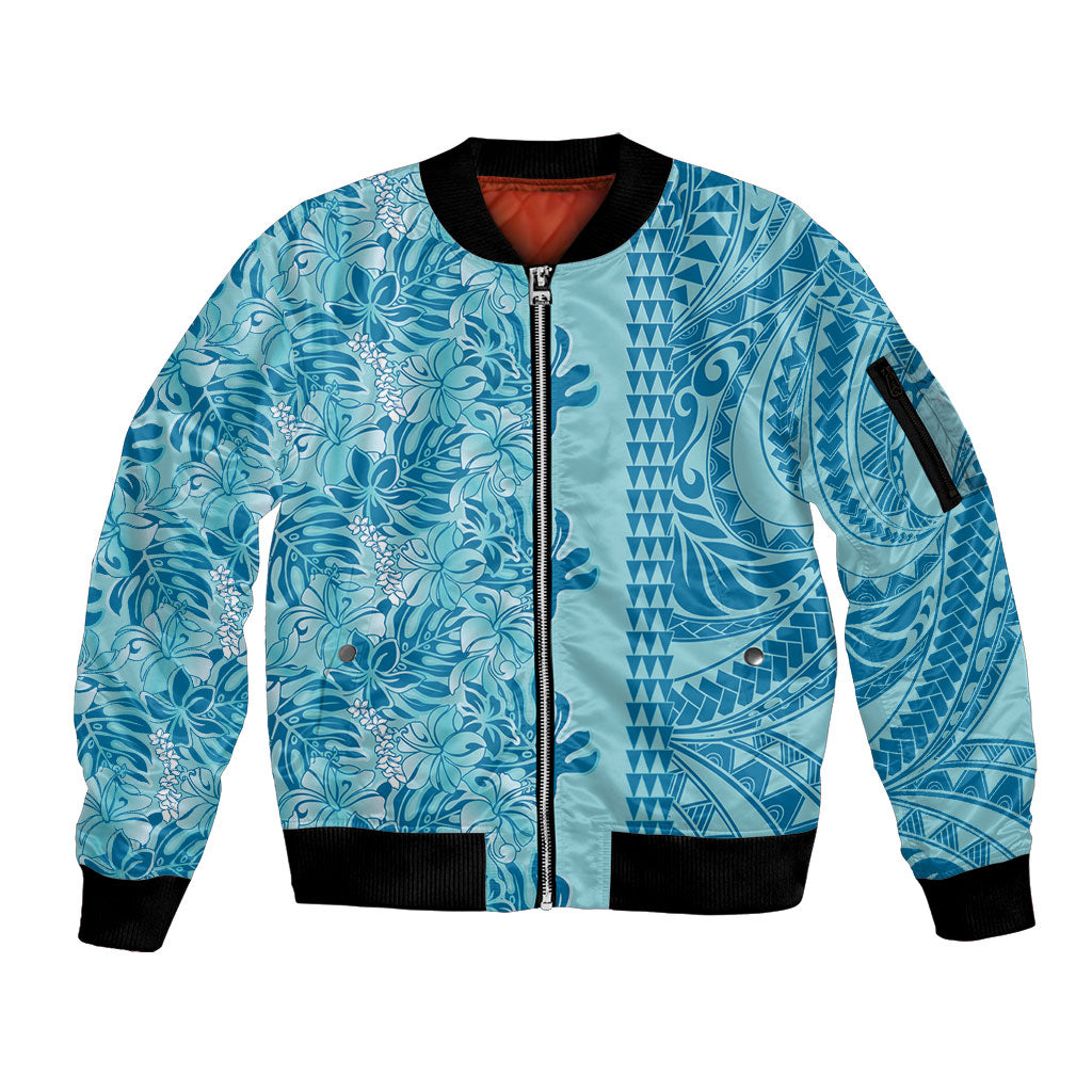 Cyan Hibiscus Monstera Seamless Kakau Hawaii Sleeve Zip Bomber Jacket LT14 Unisex Cyan - Polynesian Pride