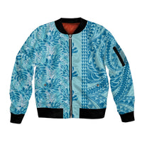 Cyan Hibiscus Monstera Seamless Kakau Hawaii Sleeve Zip Bomber Jacket LT14 Unisex Cyan - Polynesian Pride