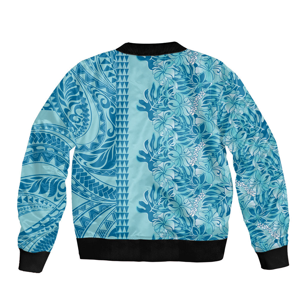 Cyan Hibiscus Monstera Seamless Kakau Hawaii Sleeve Zip Bomber Jacket LT14 - Polynesian Pride