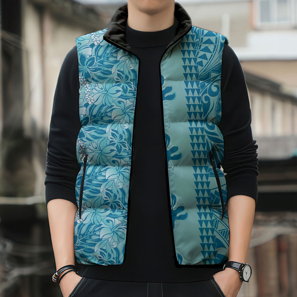 Cyan Hibiscus Monstera Seamless Kakau Hawaii Sleeveless Puffer Jacket LT14 - Polynesian Pride