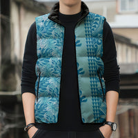 Cyan Hibiscus Monstera Seamless Kakau Hawaii Sleeveless Puffer Jacket LT14 - Polynesian Pride