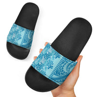 Cyan Hibiscus Monstera Seamless Kakau Hawaii Slide Sandals LT14 - Polynesian Pride