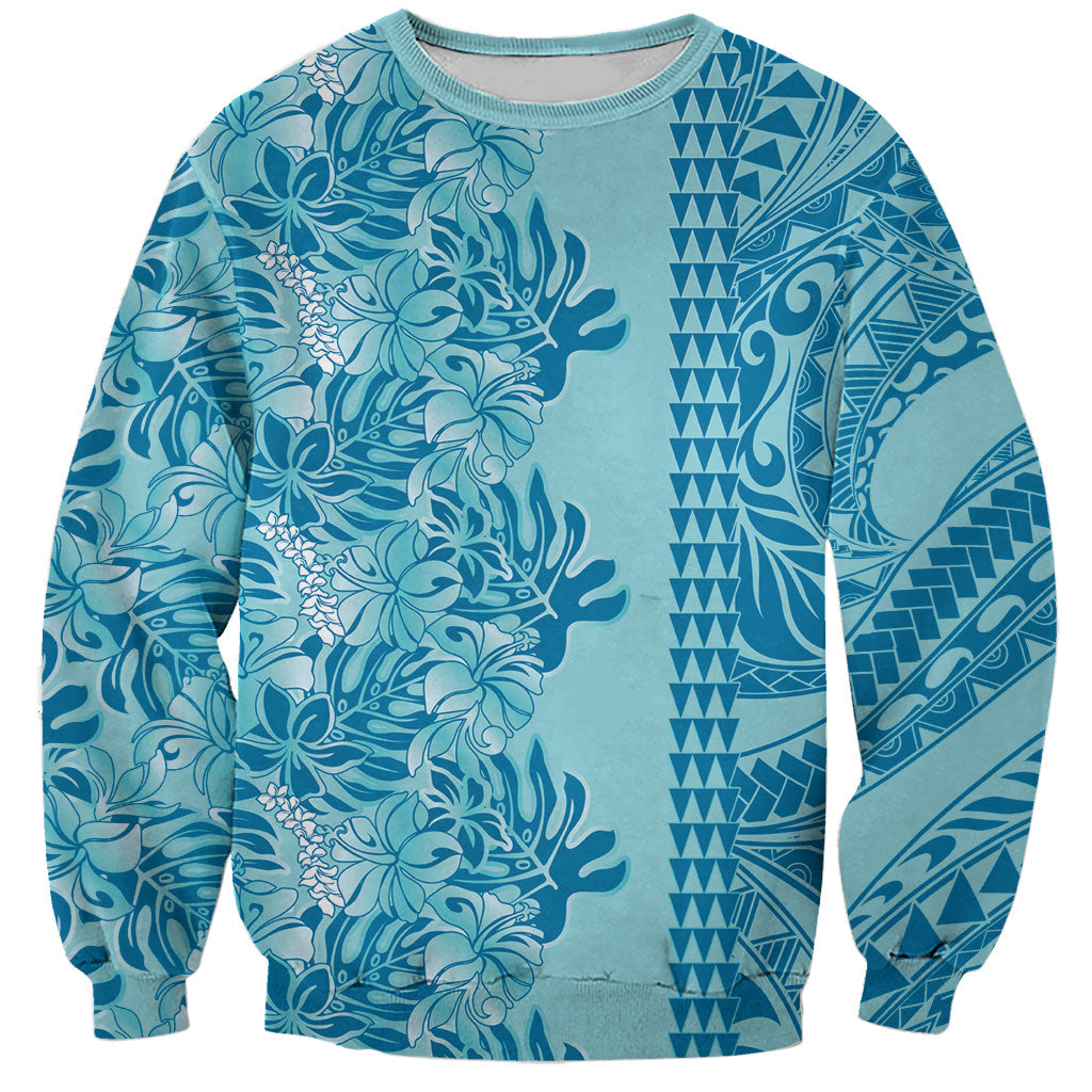 Cyan Hibiscus Monstera Seamless Kakau Hawaii Sweatshirt LT14 Unisex Cyan - Polynesian Pride