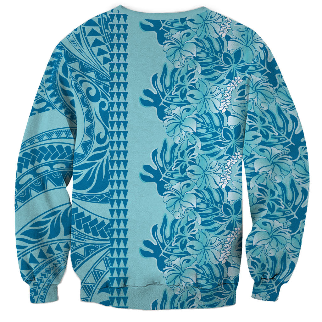 Cyan Hibiscus Monstera Seamless Kakau Hawaii Sweatshirt LT14 - Polynesian Pride