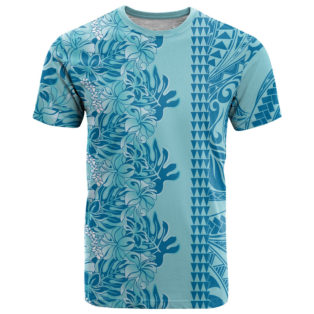 Cyan Hibiscus Monstera Seamless Kakau Hawaii T Shirt LT14 Cyan - Polynesian Pride