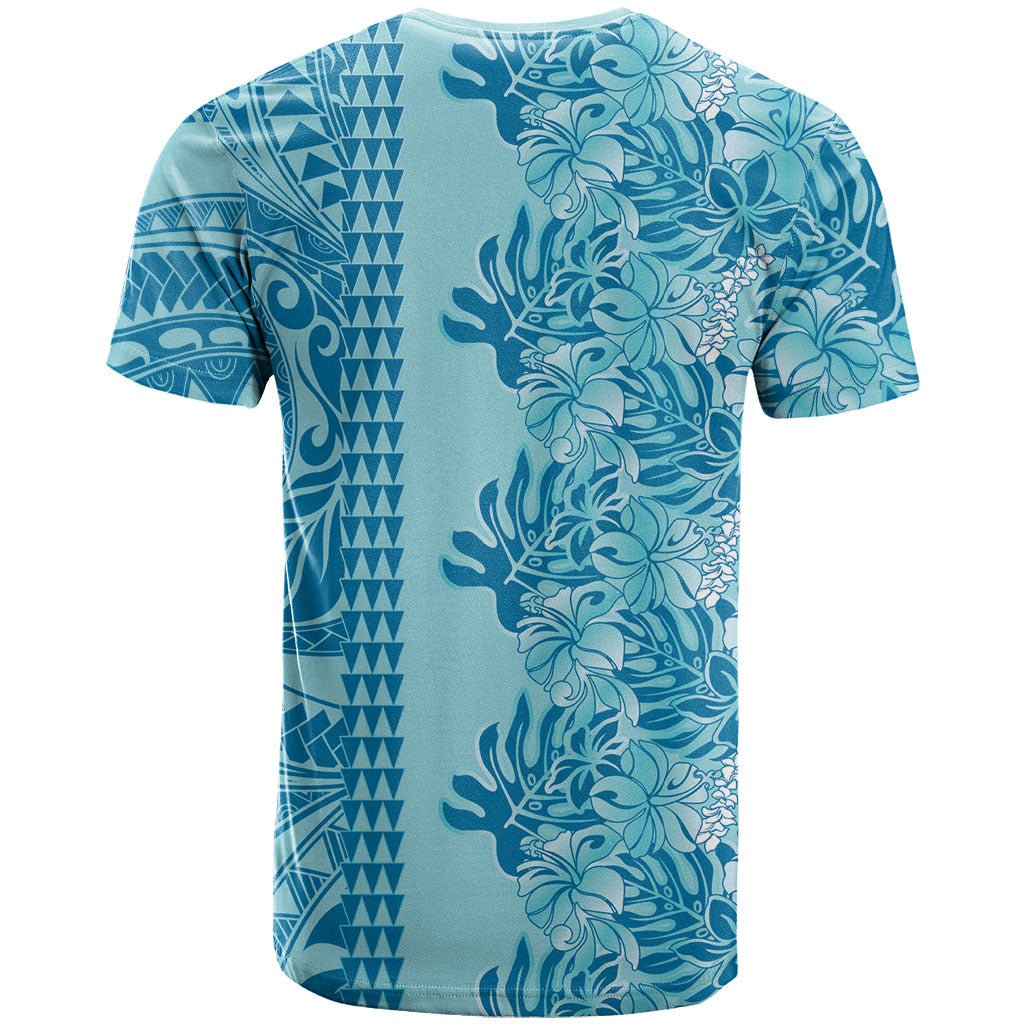 Cyan Hibiscus Monstera Seamless Kakau Hawaii T Shirt LT14 - Polynesian Pride