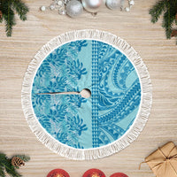 Cyan Hibiscus Monstera Seamless Kakau Hawaii Tree Skirt LT14 Fringed Cyan - Polynesian Pride