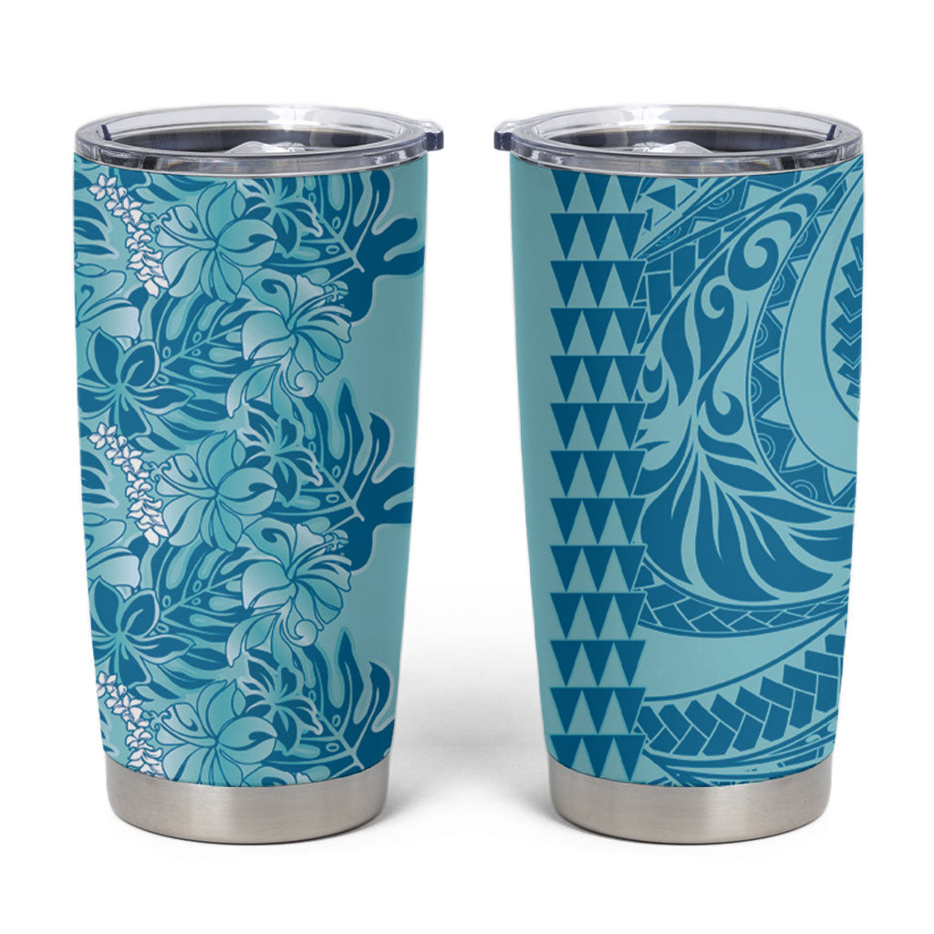 Cyan Hibiscus Monstera Seamless Kakau Hawaii Tumbler Cup LT14 Cyan - Polynesian Pride