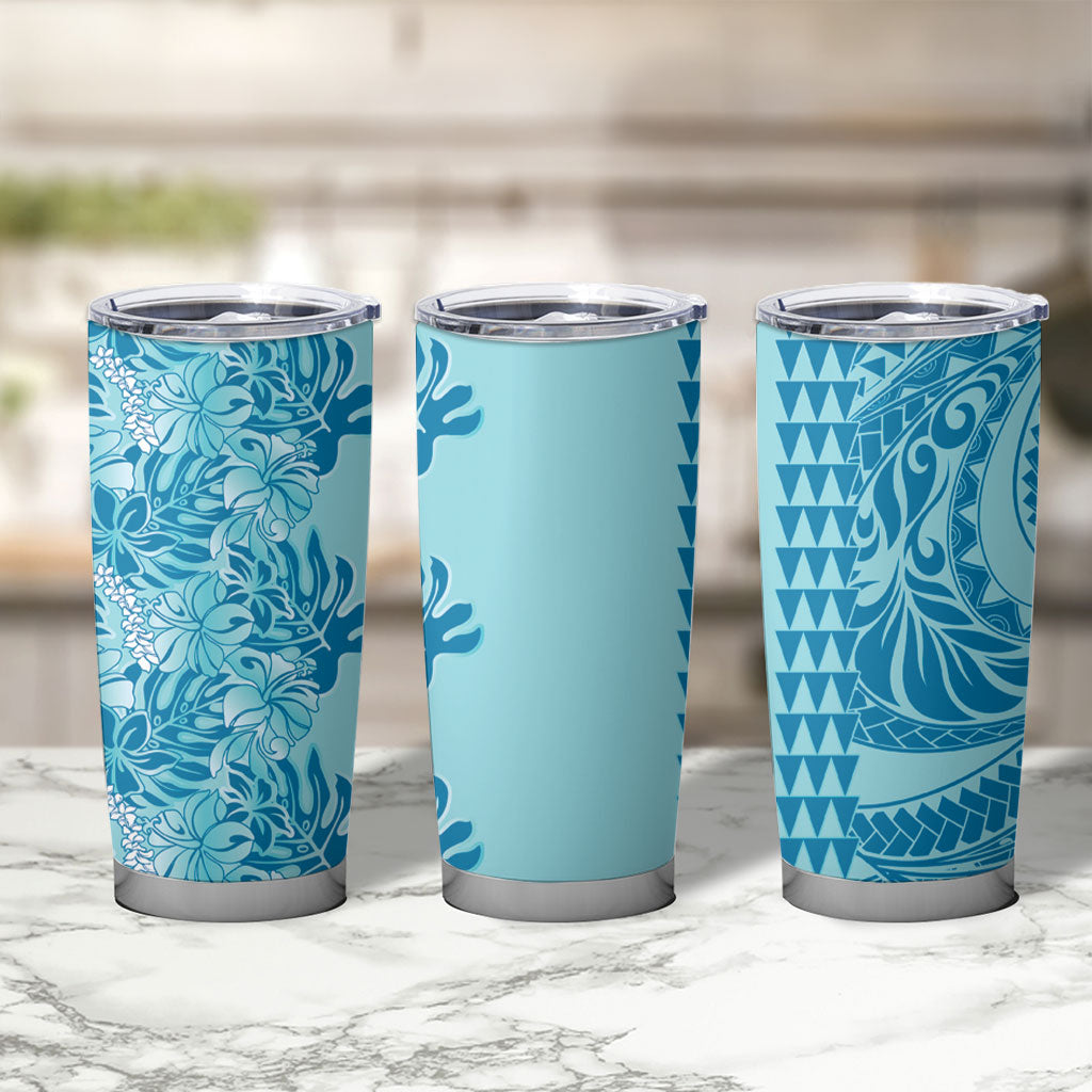 Cyan Hibiscus Monstera Seamless Kakau Hawaii Tumbler Cup LT14 - Polynesian Pride