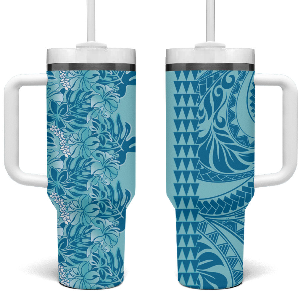 Cyan Hibiscus Monstera Seamless Kakau Hawaii Tumbler With Handle