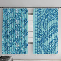 Cyan Hibiscus Monstera Seamless Kakau Hawaii Window Curtain LT14 With Hooks Cyan - Polynesian Pride