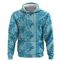 Cyan Hibiscus Monstera Seamless Kakau Hawaii Zip Hoodie LT14 Pullover Hoodie Cyan - Polynesian Pride