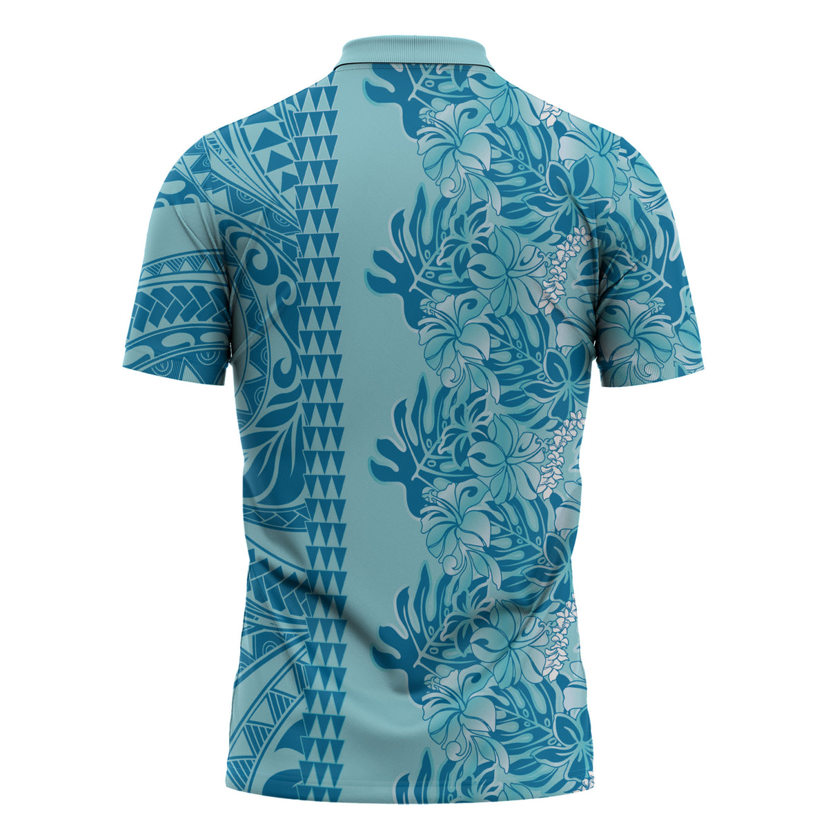 Cyan Hibiscus Monstera Seamless Kakau Hawaii Zipper Polo Shirt LT14 - Polynesian Pride