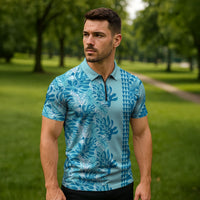 Cyan Hibiscus Monstera Seamless Kakau Hawaii Zipper Polo Shirt LT14 - Polynesian Pride