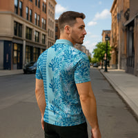 Cyan Hibiscus Monstera Seamless Kakau Hawaii Zipper Polo Shirt LT14 - Polynesian Pride