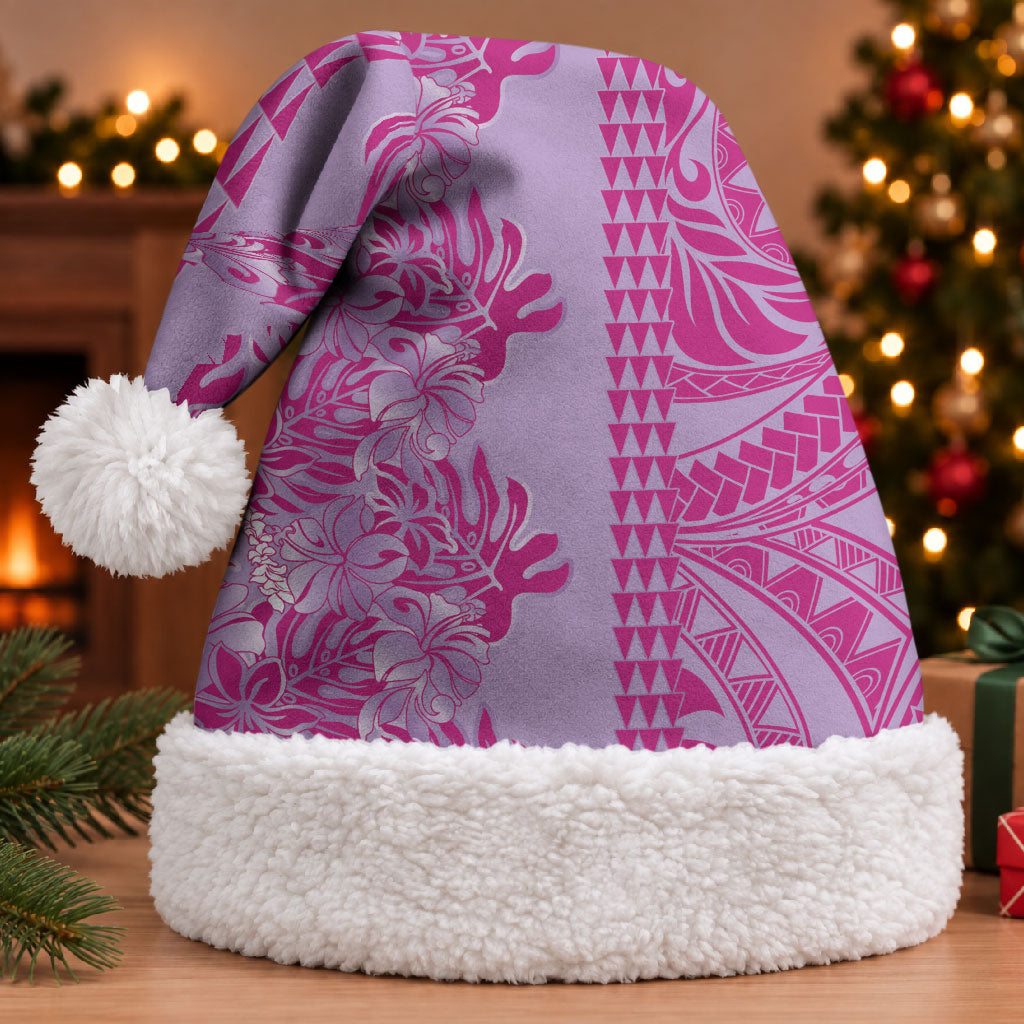 Purple Hibiscus Monstera Seamless Kakau Hawaii Christmas Santa Hat LT14 With Fur Purple - Polynesian Pride