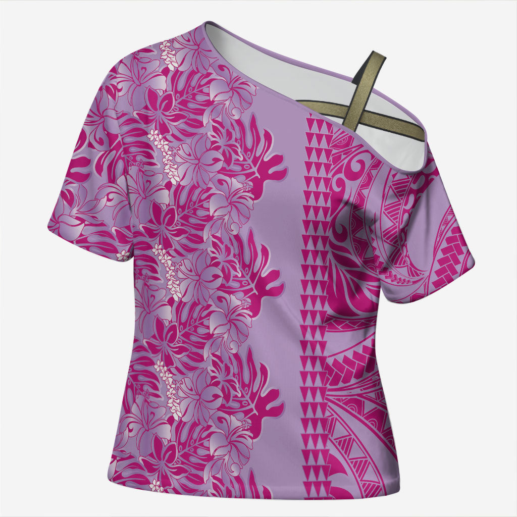 Purple Hibiscus Monstera Seamless Kakau Hawaii Cross Shoulder Shirt