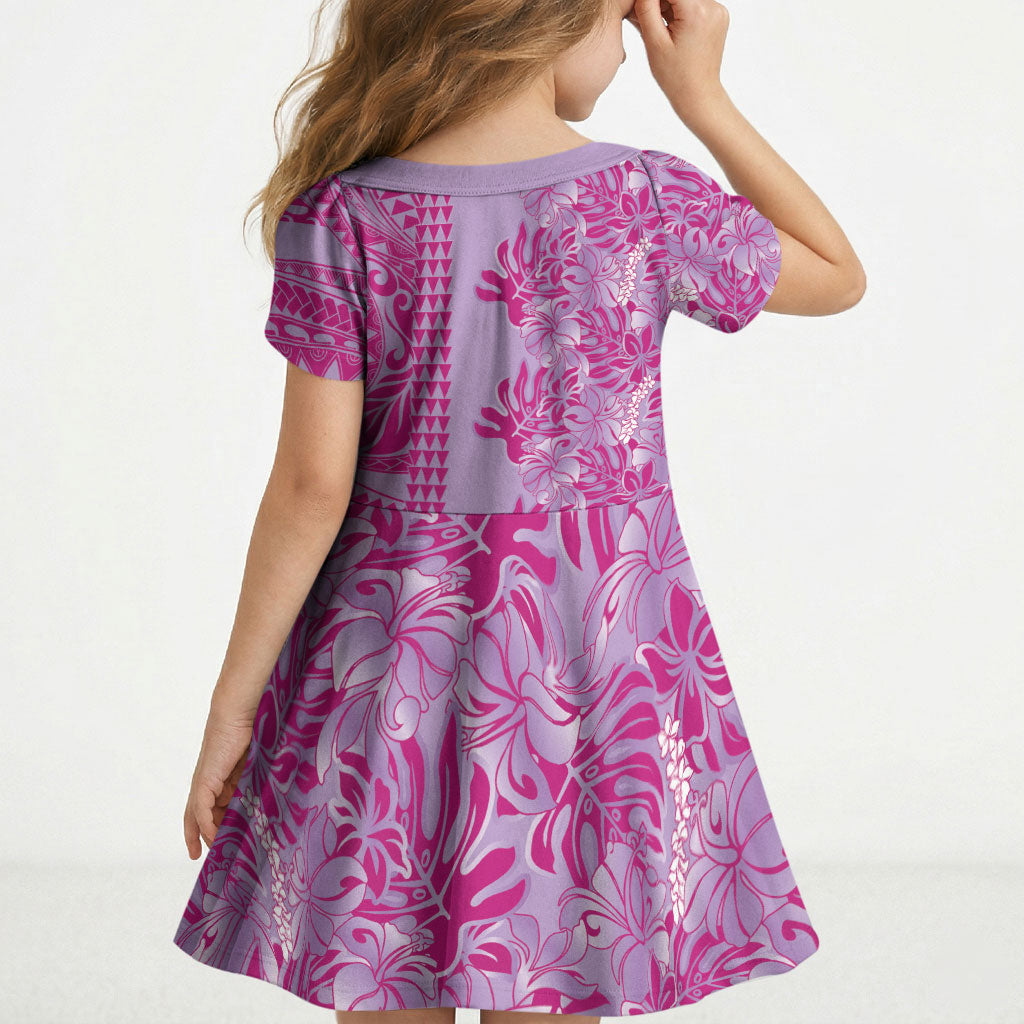 Purple Hibiscus Monstera Seamless Kakau Hawaii Kid Short Sleeve Dress LT14 - Polynesian Pride