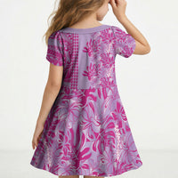 Purple Hibiscus Monstera Seamless Kakau Hawaii Kid Short Sleeve Dress LT14 - Polynesian Pride