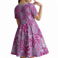 Purple Hibiscus Monstera Seamless Kakau Hawaii Kid Short Sleeve Dress LT14 - Polynesian Pride