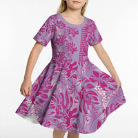 Purple Hibiscus Monstera Seamless Kakau Hawaii Kid Short Sleeve Dress LT14 - Polynesian Pride