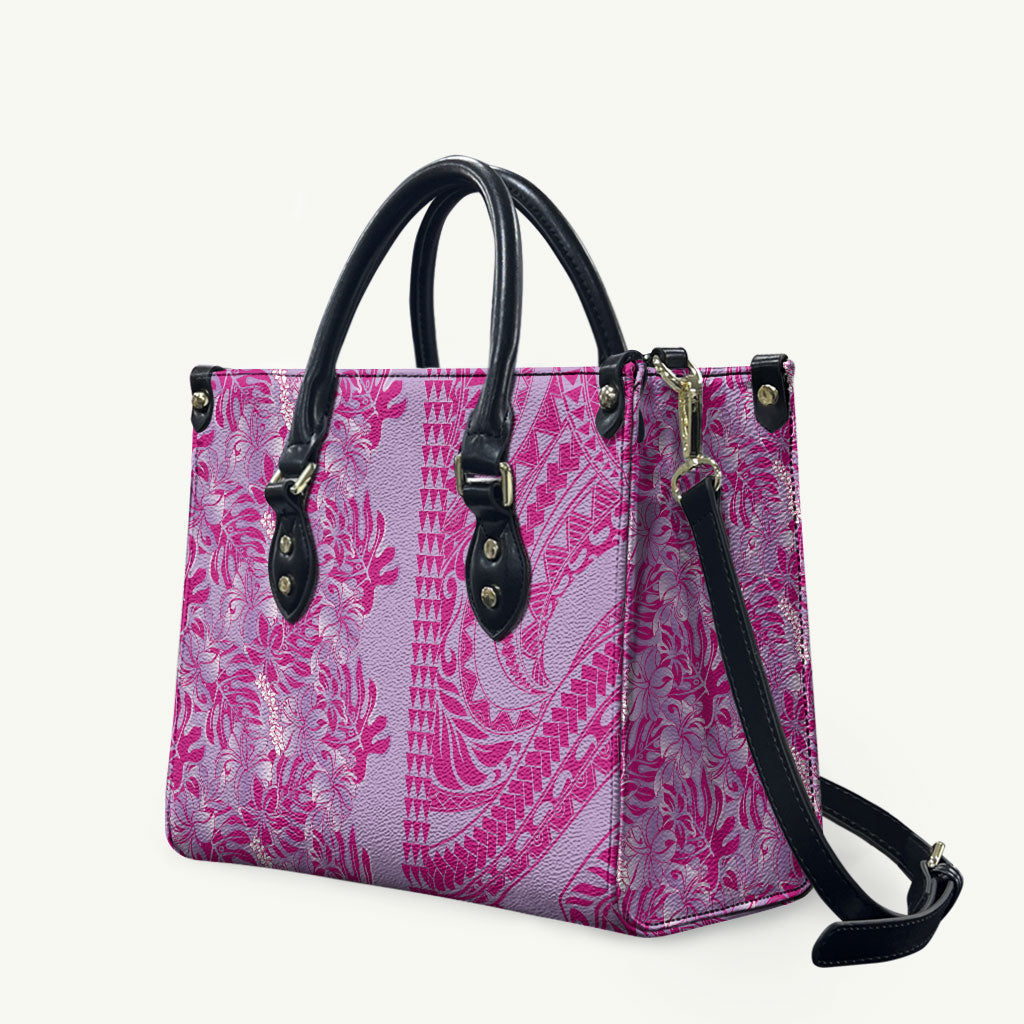 Purple Hibiscus Monstera Seamless Kakau Hawaii Leather Bag LT14 Purple - Polynesian Pride