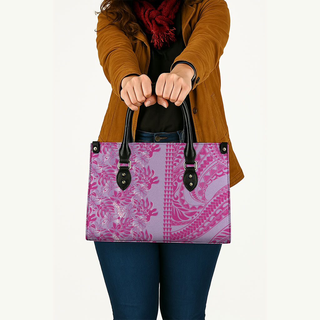 Purple Hibiscus Monstera Seamless Kakau Hawaii Leather Bag LT14 - Polynesian Pride