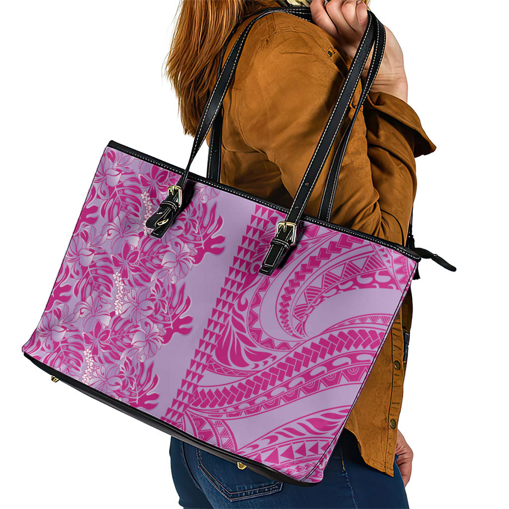 Purple Hibiscus Monstera Seamless Kakau Hawaii Leather Tote Bag LT14 - Polynesian Pride