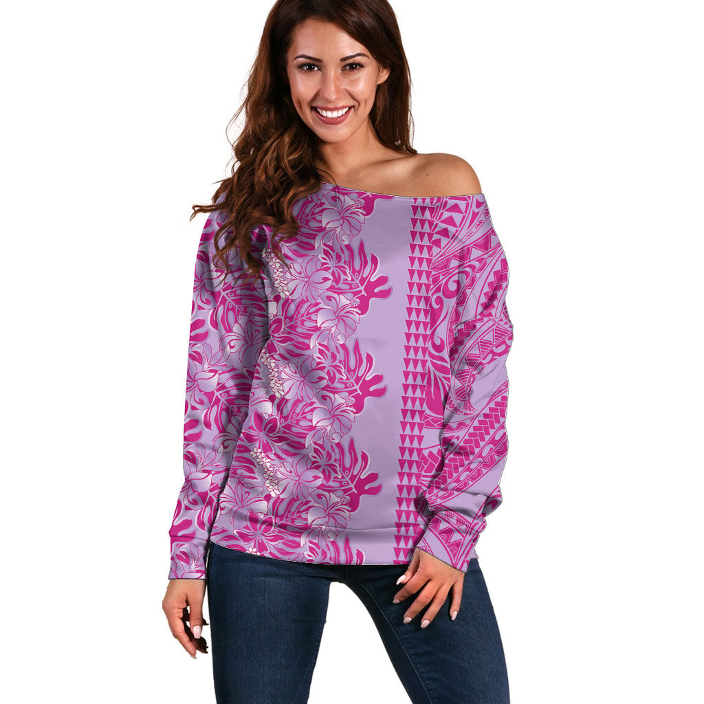 Purple Hibiscus Monstera Seamless Kakau Hawaii Off Shoulder Sweater LT14 Women Purple - Polynesian Pride