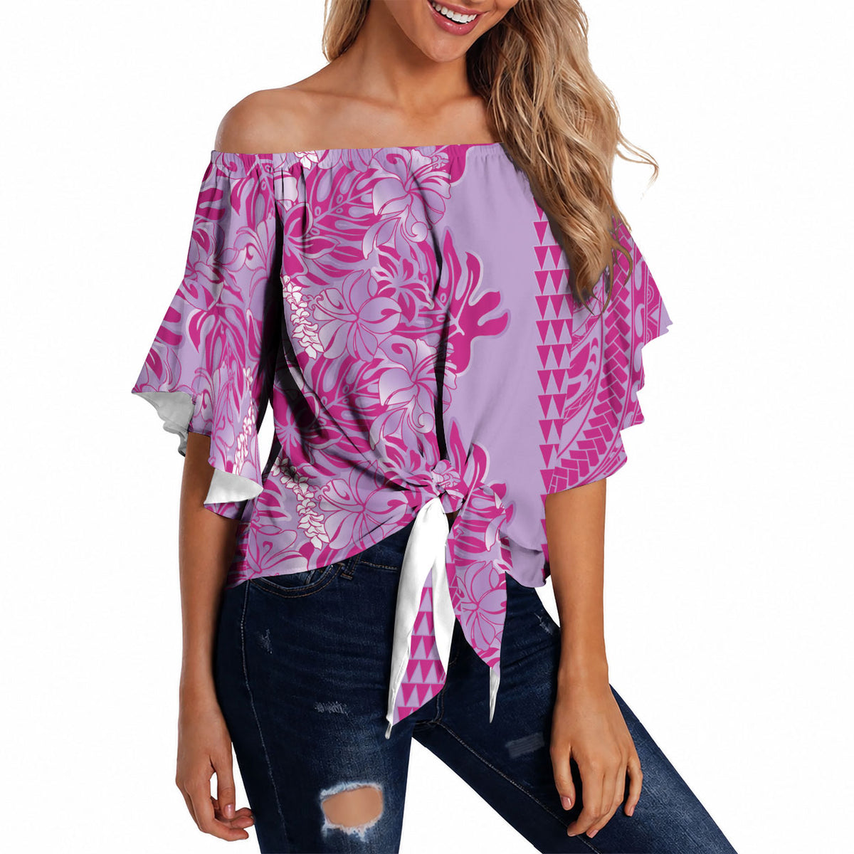 Purple Hibiscus Monstera Seamless Kakau Hawaii Off Shoulder Wrap Waist Top LT14 Purple - Polynesian Pride