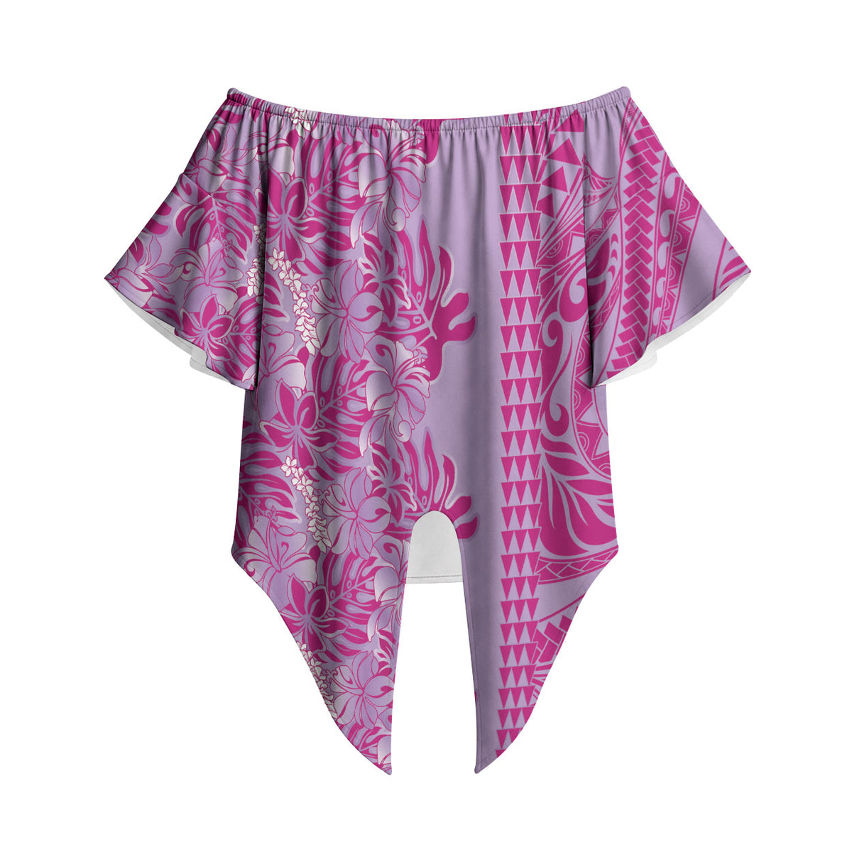 Purple Hibiscus Monstera Seamless Kakau Hawaii Off Shoulder Wrap Waist Top LT14 - Polynesian Pride
