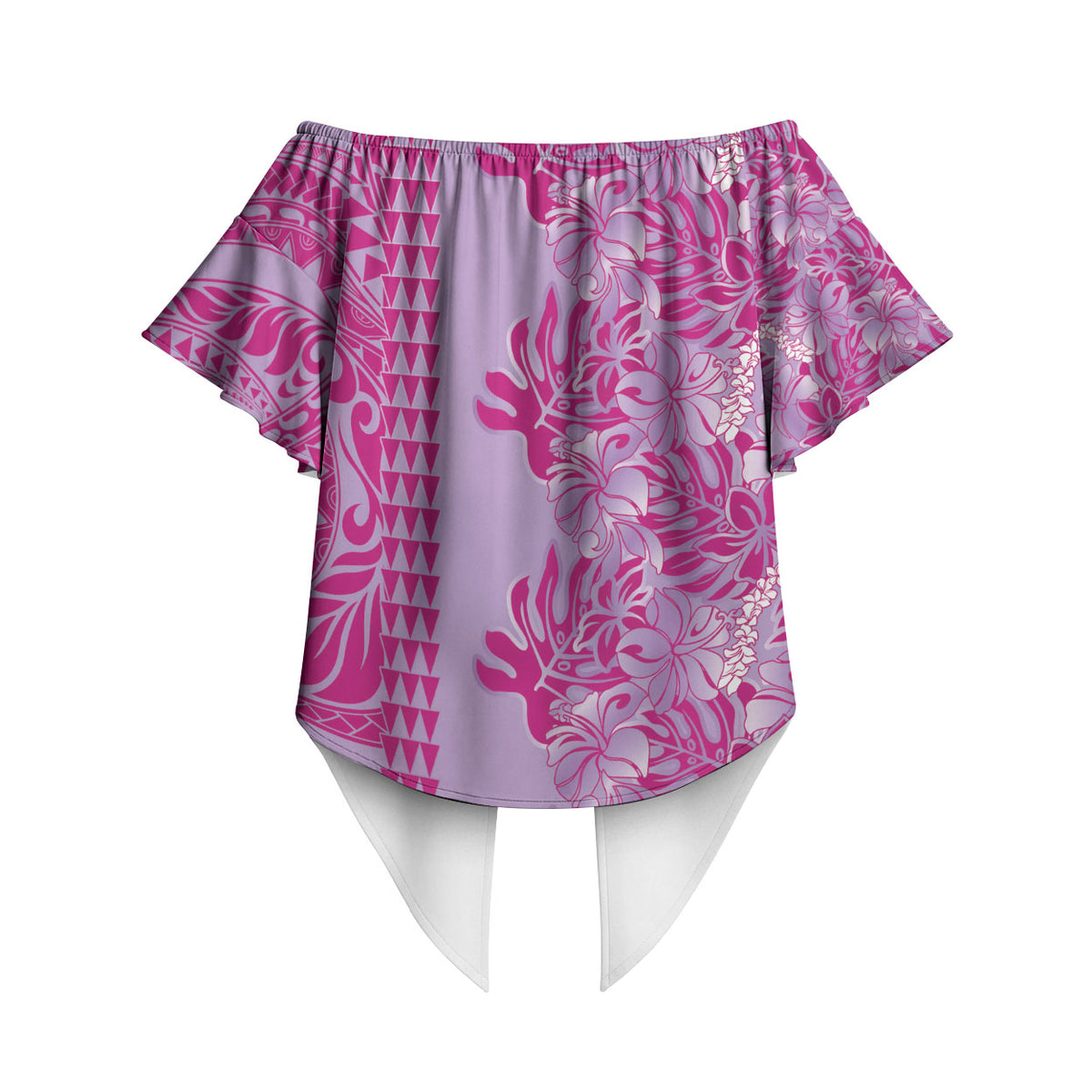 Purple Hibiscus Monstera Seamless Kakau Hawaii Off Shoulder Wrap Waist Top LT14 - Polynesian Pride