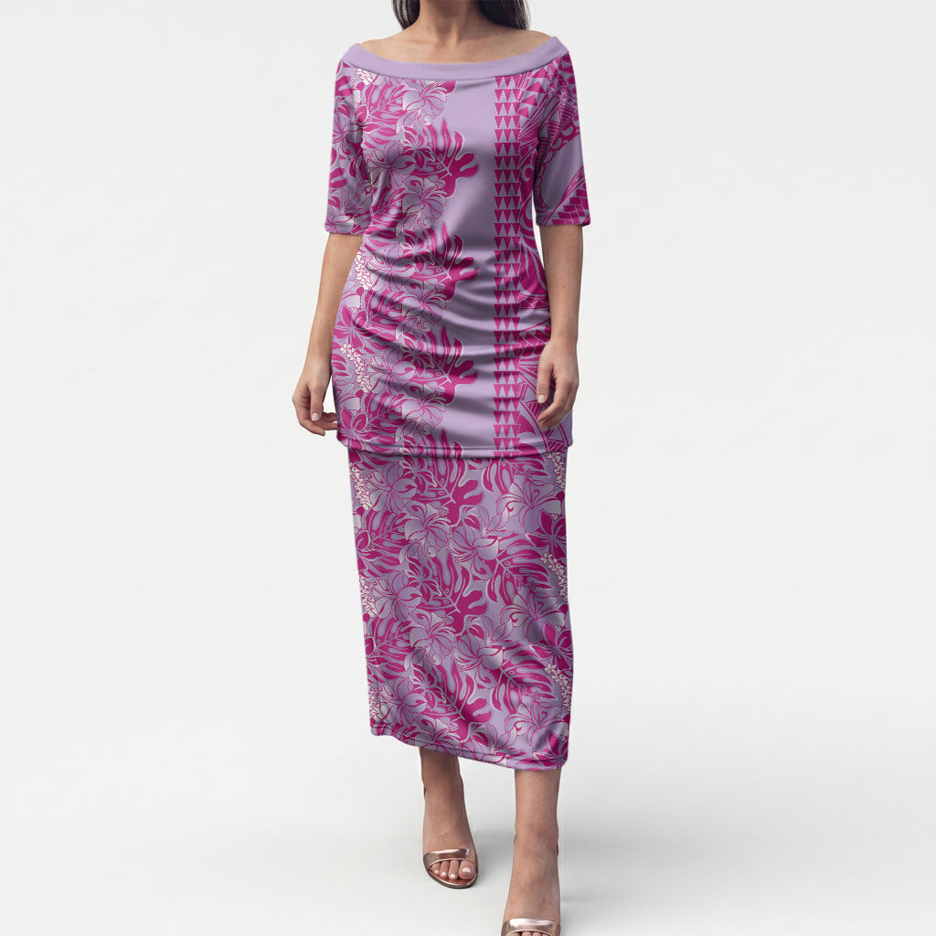 Purple Hibiscus Monstera Seamless Kakau Hawaii Puletasi LT14 Long Dress Purple - Polynesian Pride