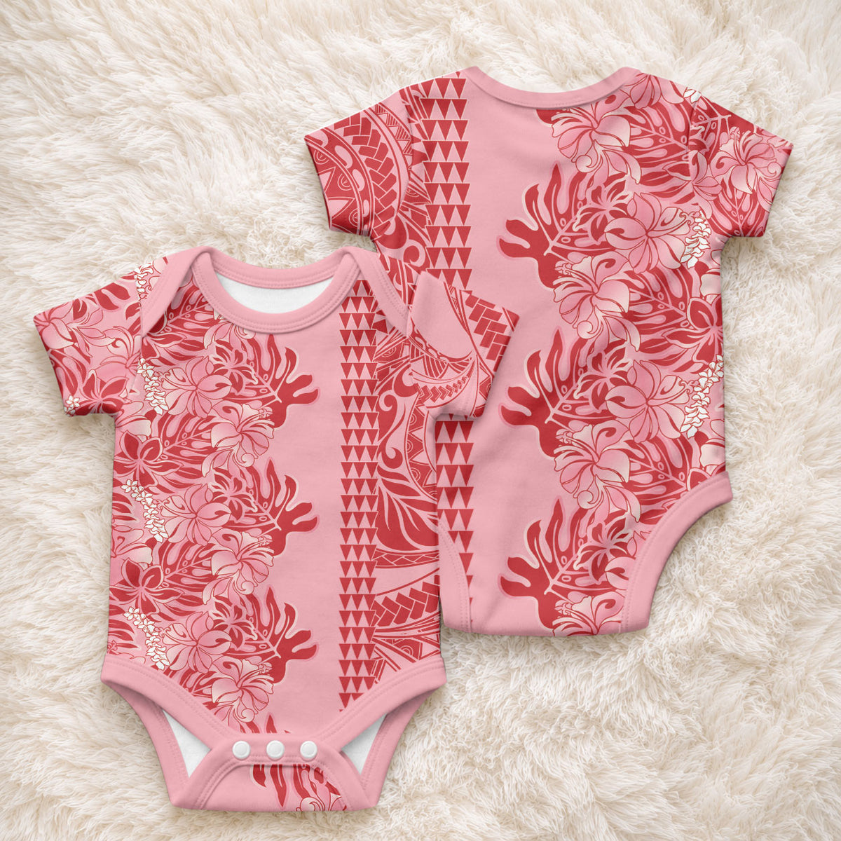 Red Hibiscus Monstera Seamless Kakau Hawaii Baby Onesie LT14 - Polynesian Pride