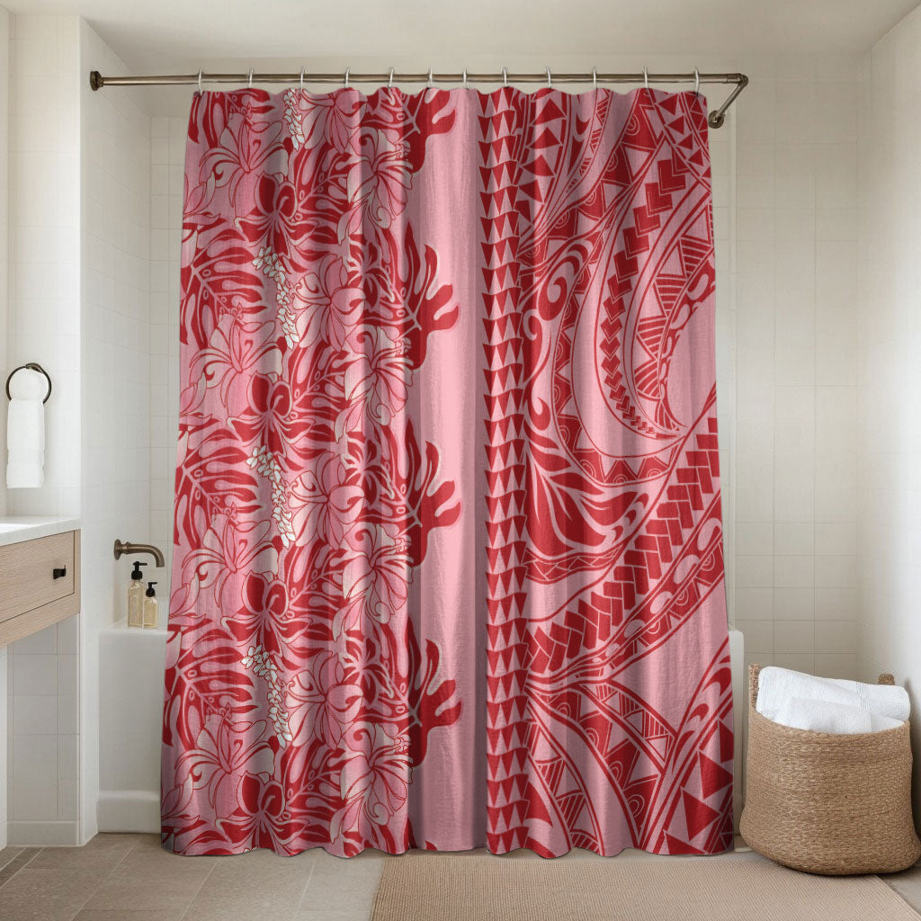 Red Hibiscus Monstera Seamless Kakau Hawaii Bathroom Set LT14 Shower Curtain Only Red - Polynesian Pride