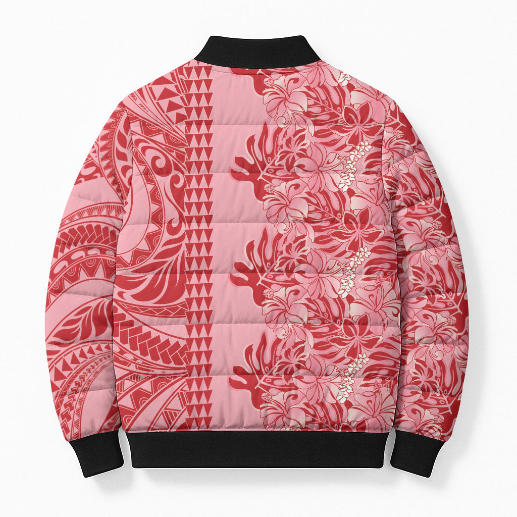 Red Hibiscus Monstera Seamless Kakau Hawaii Bomber Puffer Jacket LT14 - Polynesian Pride